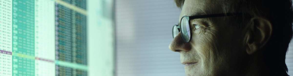 Employee looks at computer screen with spreadsheets.