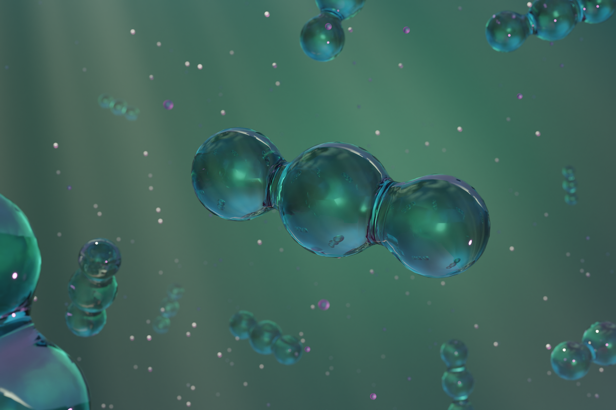 CO2 Molecule against of a green background with further faintly visible CO2 molecules in the background.